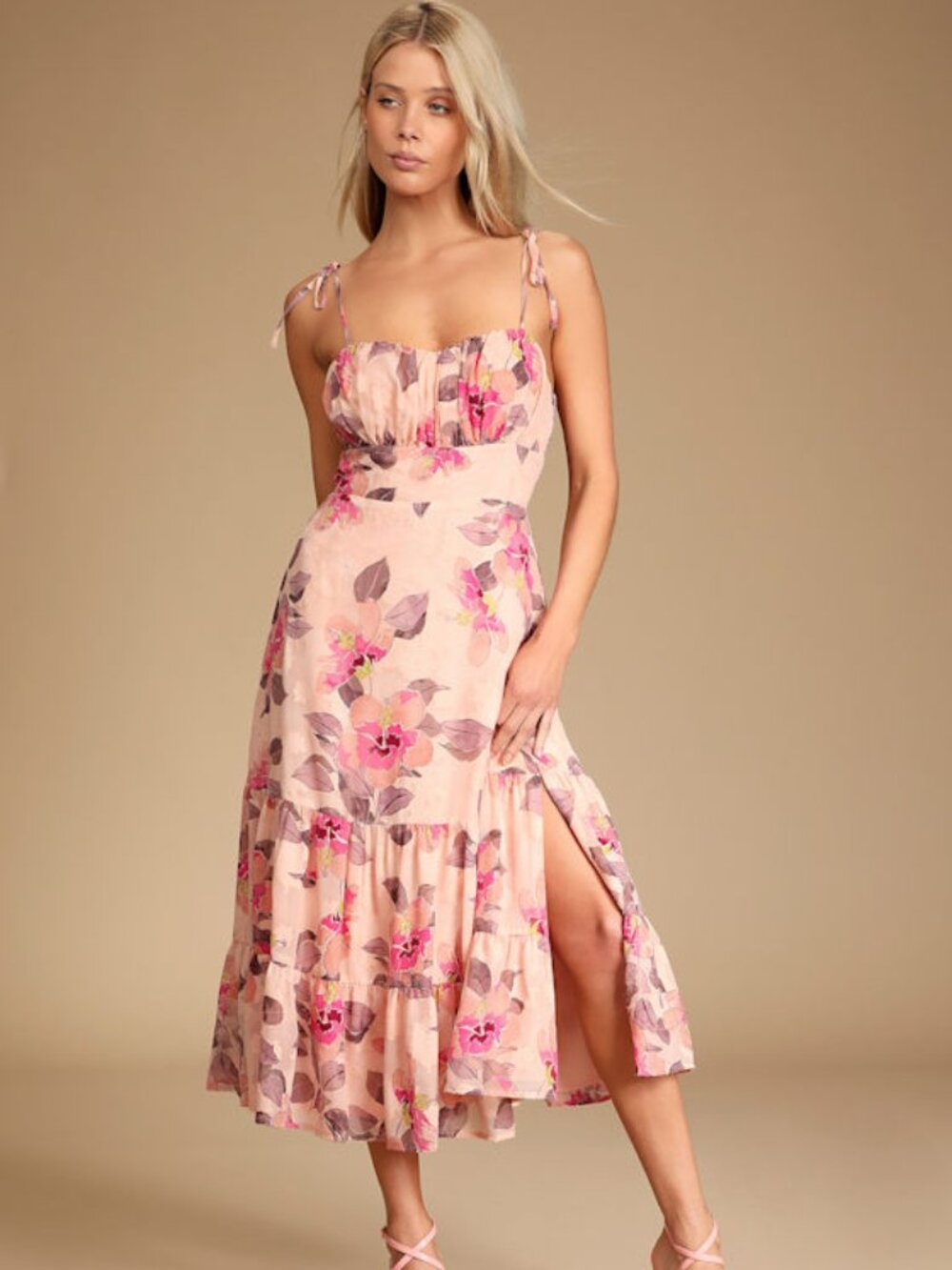 Lulus Tea Party Chic Pink Floral Print Tie-strap Tiered Midi Dress - Size XL